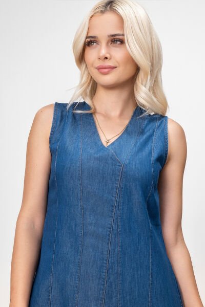 Bold and Young Kadın Yırtmaçlı V Yakalı Kolsuz Pamuklu Elbise 3XL - indigo