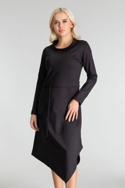 Kadın UzunKol  Pis Dikişli Yakalı Tek  Cepli Tünelli Pamuk  Likralı Örme Kumaş  Elbise Siyah - S