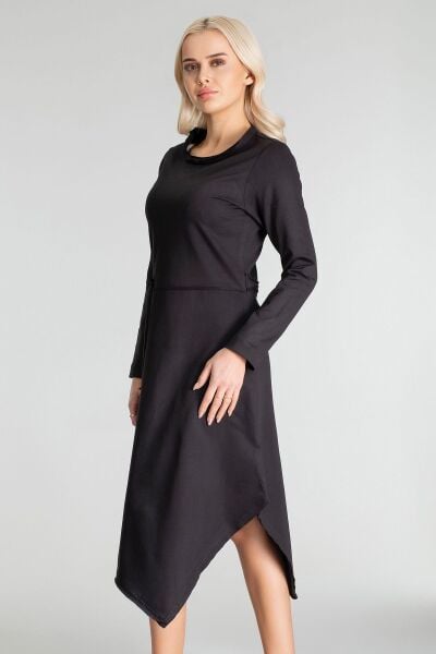 Kadın UzunKol  Pis Dikişli Yakalı Tek  Cepli Tünelli Pamuk  Likralı Örme Kumaş  Elbise Siyah - S