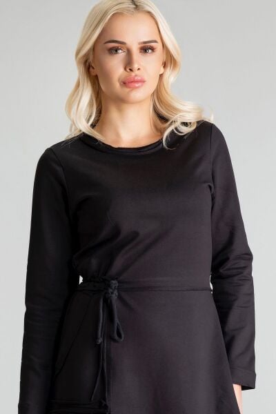 Kadın UzunKol  Pis Dikişli Yakalı Tek  Cepli Tünelli Pamuk  Likralı Örme Kumaş  Elbise Siyah - S