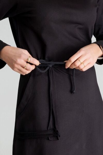 Kadın UzunKol  Pis Dikişli Yakalı Tek  Cepli Tünelli Pamuk  Likralı Örme Kumaş  Elbise Siyah - S