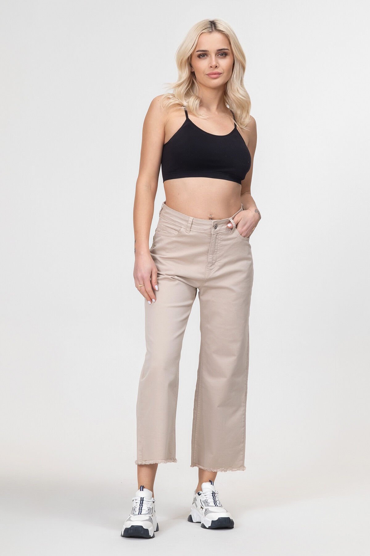 Kadın Bol Paça Beş Cepli Paça Saçaklı Likralı Pamuklu Pantolon XXL - BEJ