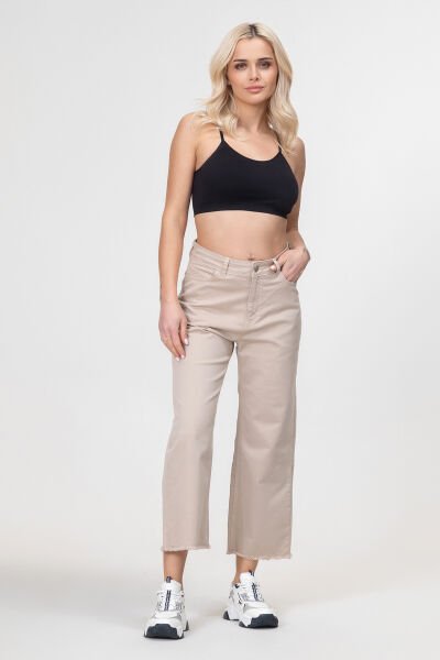Kadın Bol Paça Beş Cepli Paça Saçaklı Likralı Pamuklu Pantolon XXL - BEJ