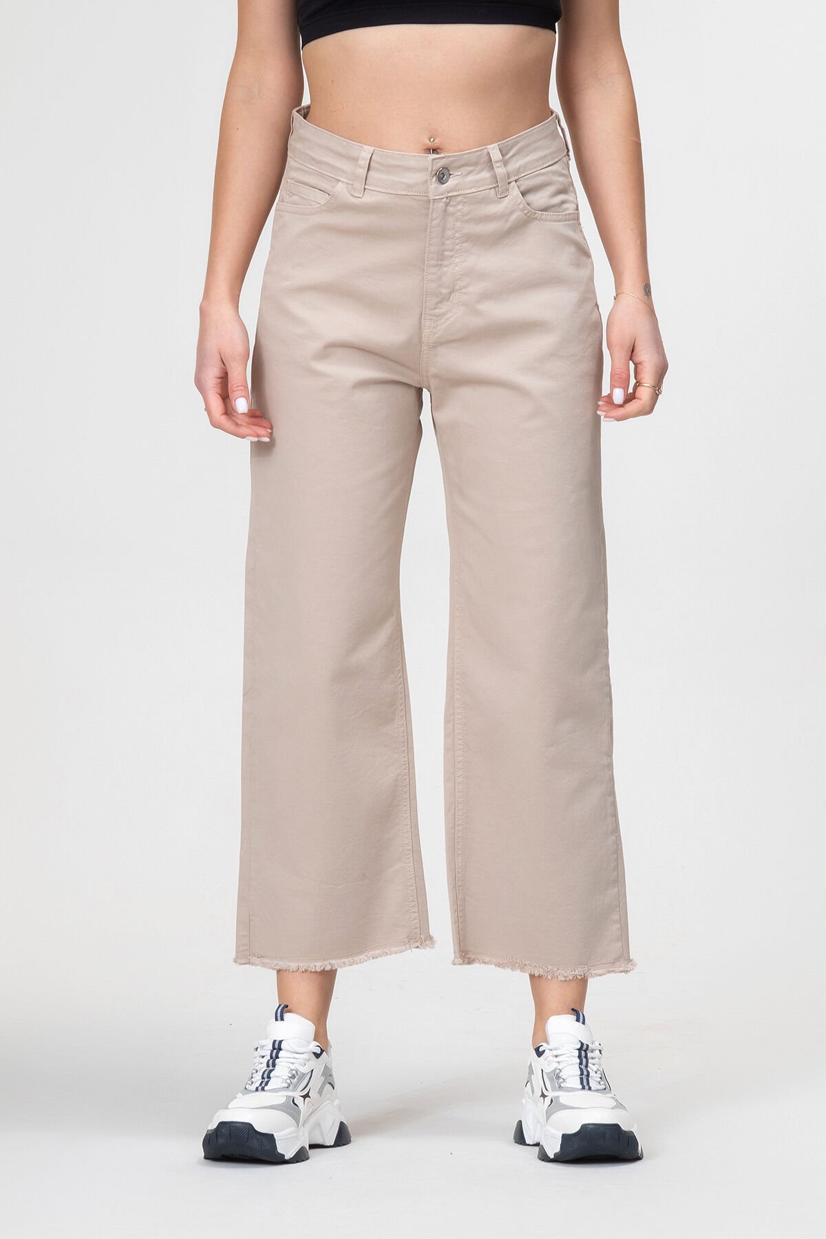 Kadın Bol Paça Beş Cepli Paça Saçaklı Likralı Pamuklu Pantolon XXL - BEJ