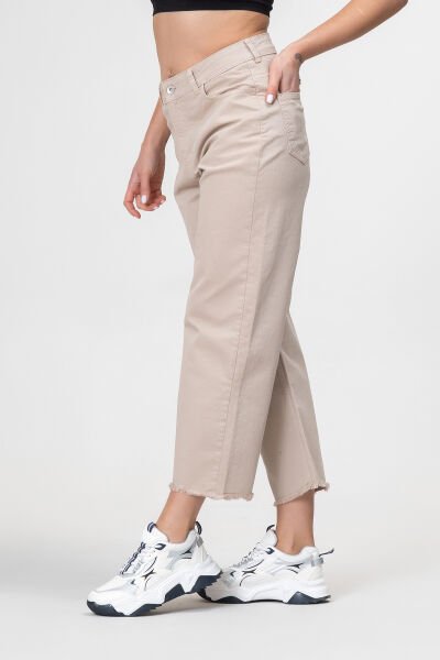 Kadın Bol Paça Beş Cepli Paça Saçaklı Likralı Pamuklu Pantolon XXL - BEJ