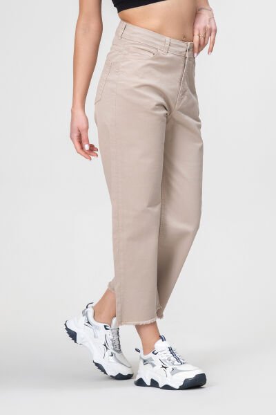 Kadın Bol Paça Beş Cepli Paça Saçaklı Likralı Pamuklu Pantolon XXL - BEJ