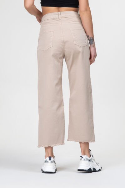 Kadın Bol Paça Beş Cepli Paça Saçaklı Likralı Pamuklu Pantolon XXL - BEJ