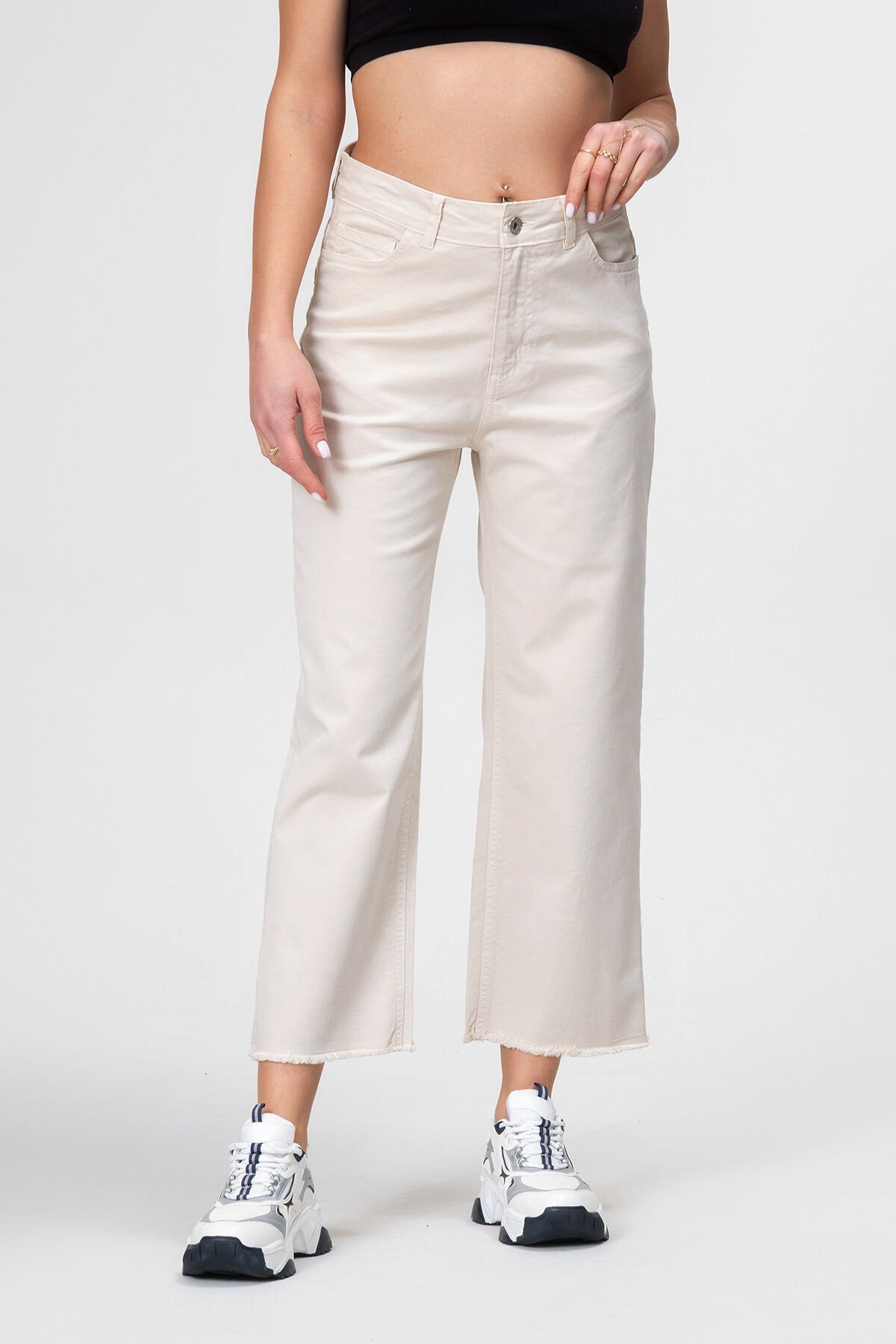 Kadın Bol Paça Beş Cepli Paça Saçaklı Likralı Pamuklu Pantolon XXL - Ekru