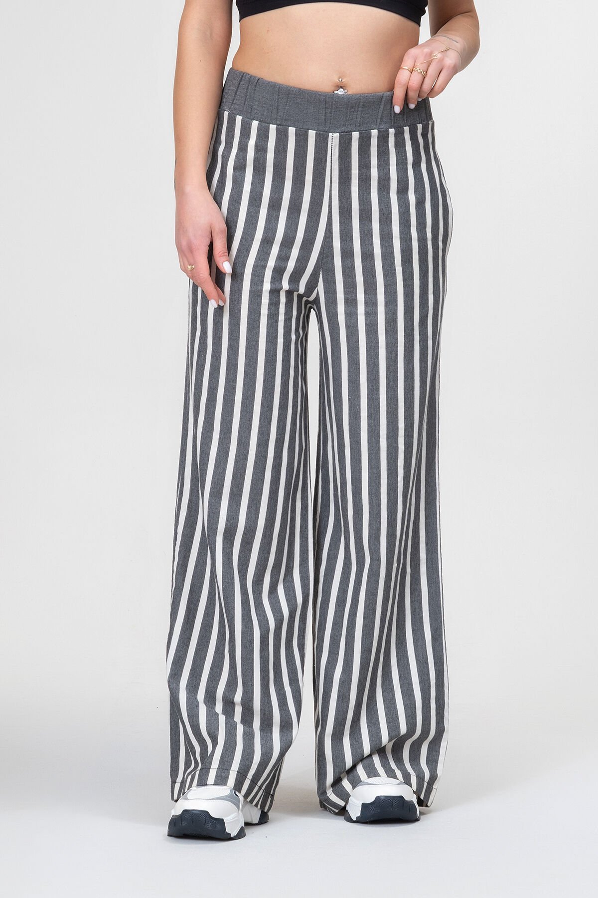 Bold and Young Beli Lastikli Çizgili İpliği Boyalı Bol Palazzo Pamuklu Pantolon XXL - siyah ekru