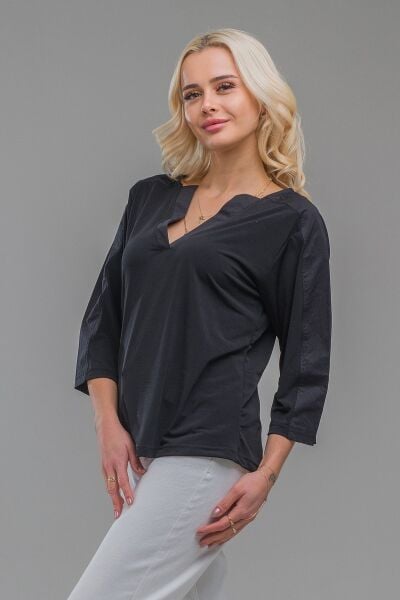 Kadın V Yaka Paraşüt Kumaş Kombinli  Sandy Bluz Siyah - 2XL
