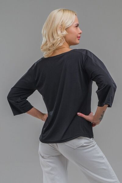 Kadın V Yaka Paraşüt Kumaş Kombinli  Sandy Bluz Siyah - 2XL