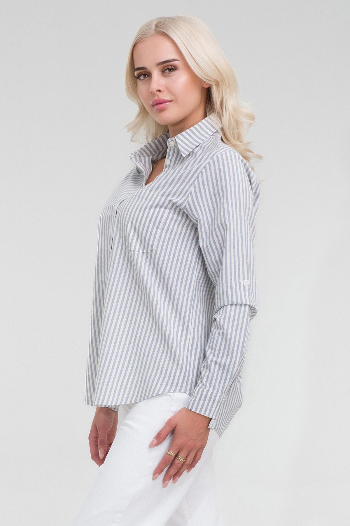 Kadın Ön Arka Oval Pamuklu Dokuma Kumaş  Kol Britli Gömlek mavi ekru çizgili - M