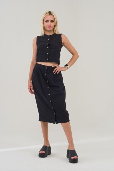 Kadın Siyah Renk Plili Önden Düğmeli Celpli Pamuklu Etek Siyah - S