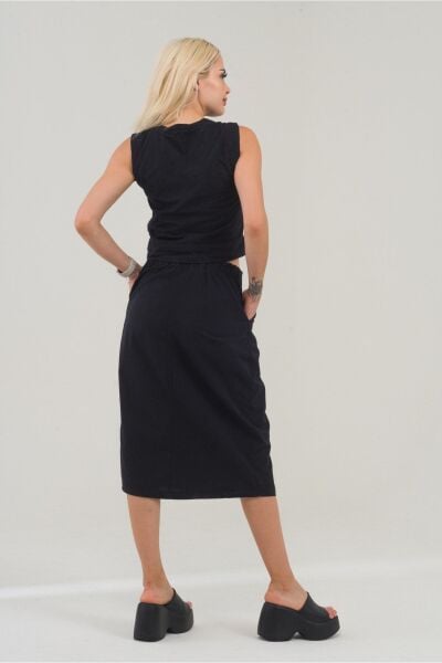 Kadın Siyah Renk Plili Önden Düğmeli Celpli Pamuklu Etek Siyah - S