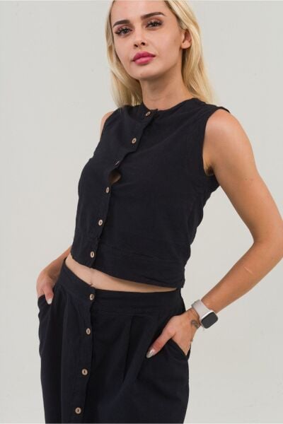 Kadın Siyah Renk Plili Önden Düğmeli Celpli Pamuklu Etek Siyah - S