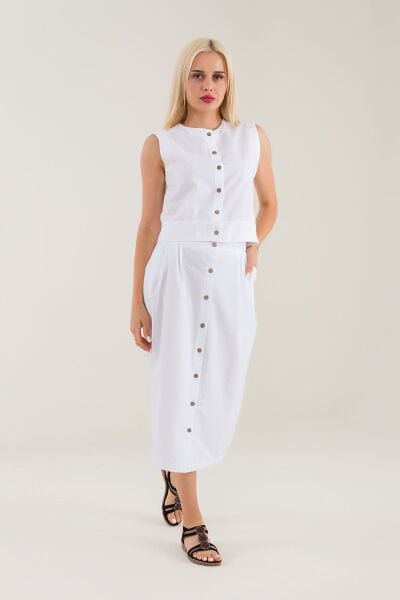 Kadın Siyah Renk Plili Önden Düğmeli Celpli Pamuklu Etek Beyaz - M