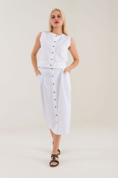 Kadın Siyah Renk Plili Önden Düğmeli Celpli Pamuklu Etek Beyaz - M