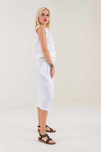 Kadın Siyah Renk Plili Önden Düğmeli Celpli Pamuklu Etek Beyaz - M