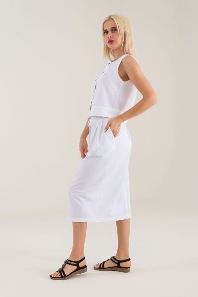 Kadın Siyah Renk Plili Önden Düğmeli Celpli Pamuklu Etek Beyaz - M