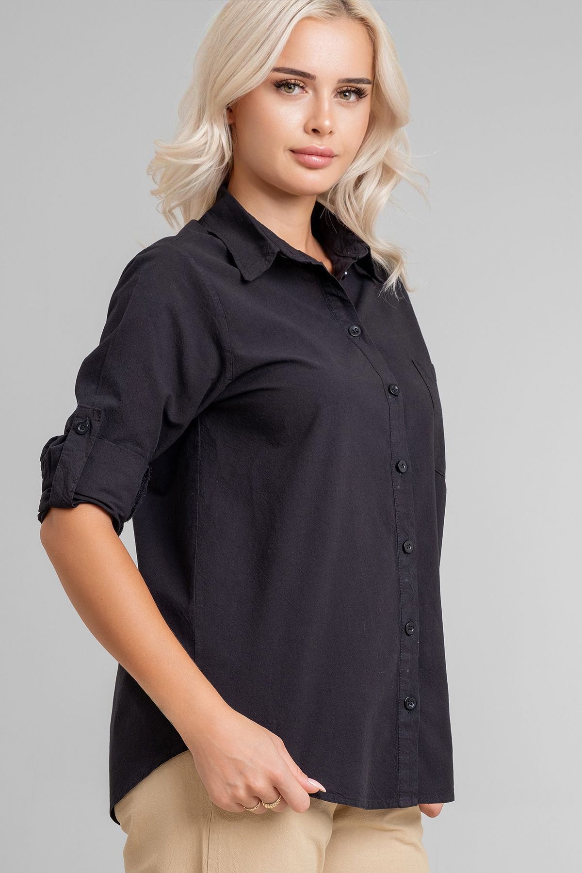 Kadın Ön Arka Oval Pamuklu Dokuma Kumaş  Kol Britli Gömlek Siyah - XS