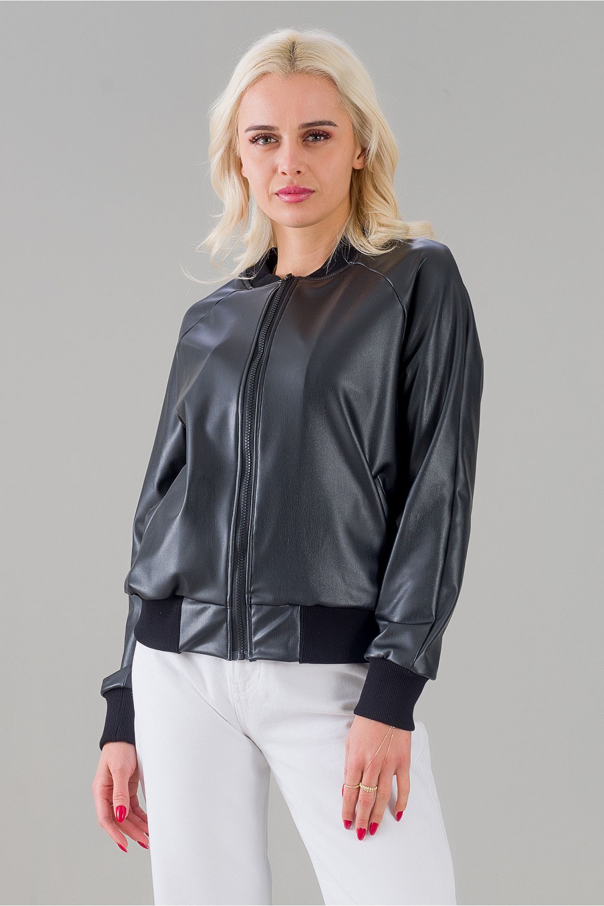 Bold & Young Kadın Siyah Bomber Ceket Siyah Suni Deri - S