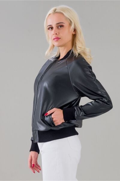 Bold & Young Kadın Siyah Bomber Ceket Siyah Suni Deri - S