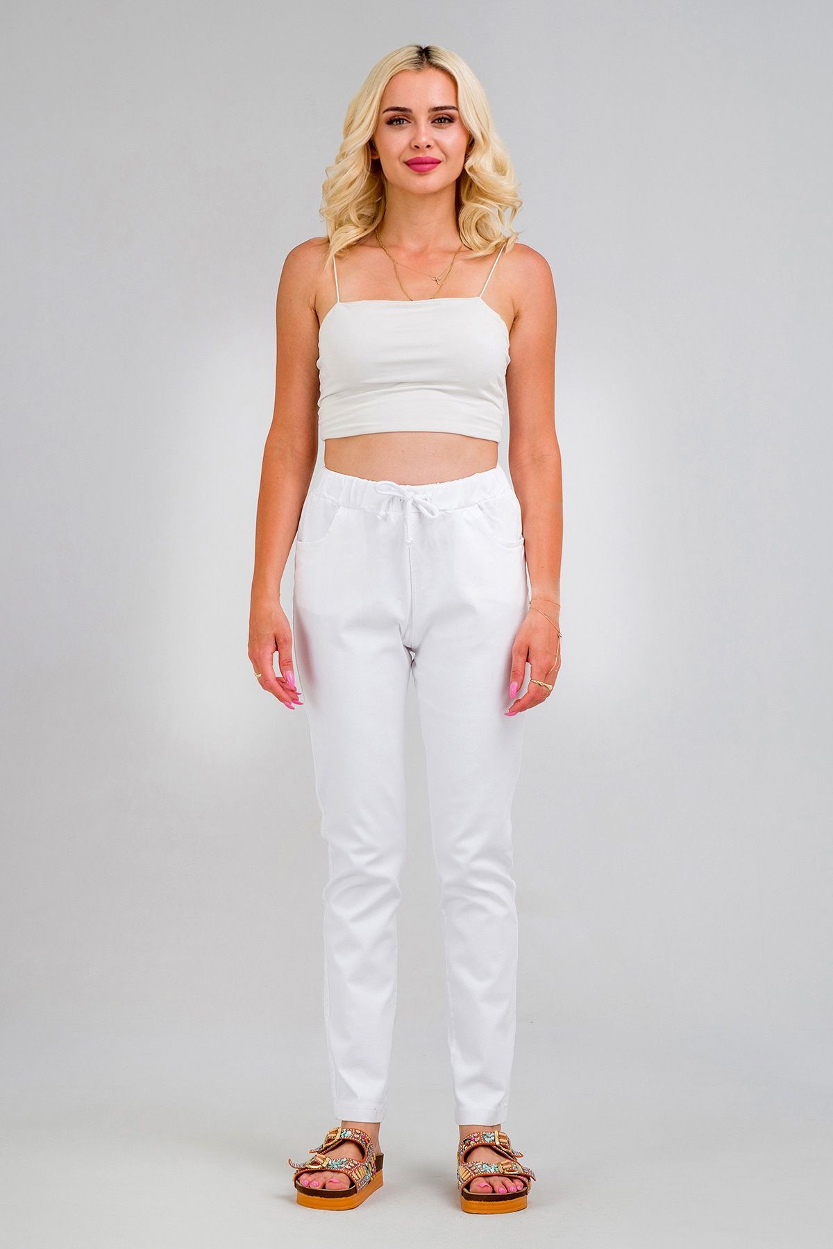 Kadın Bel Lastikli  Kordonlu Power Likralı Kumaş Pantolon Beyaz - XL