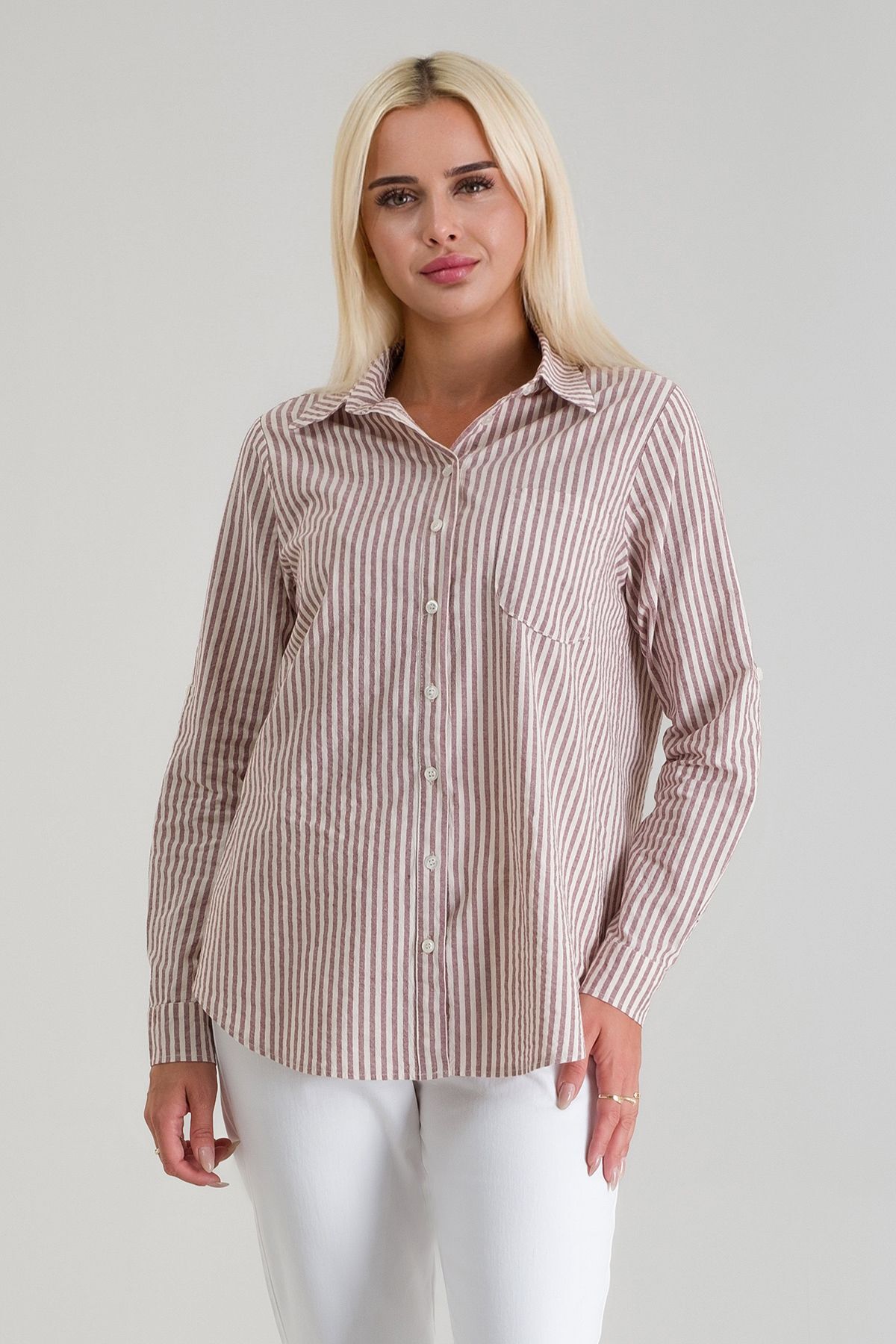 Kadın Ön Arka Oval Pamuklu Dokuma Kumaş  Kol Britli Gömlek bordo ekru çizgili - M