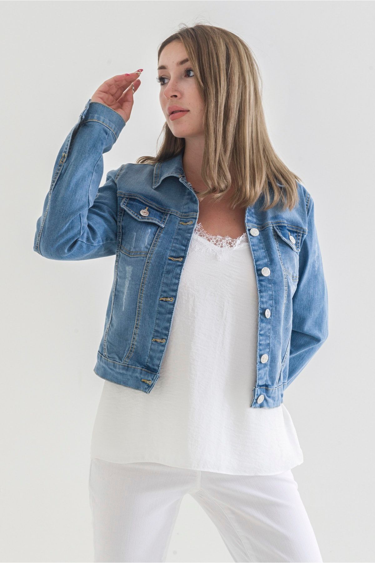 Power Streç Yıpratmalı Bleach Washing Denim Ceket sky Blue - 44