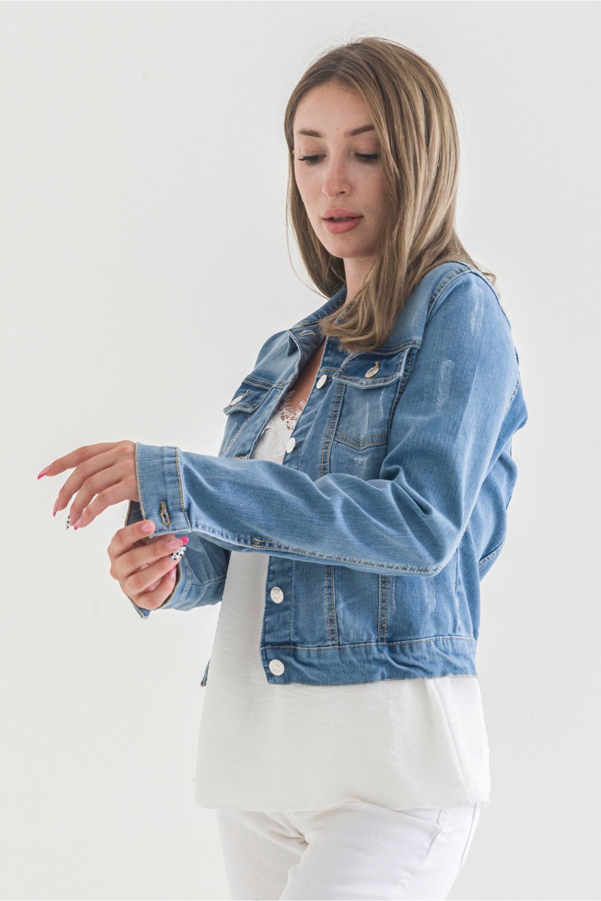 Power Streç Yıpratmalı Bleach Washing Denim Ceket sky Blue - 44