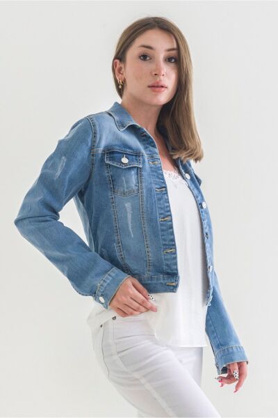 Power Streç Yıpratmalı Bleach Washing Denim Ceket sky Blue - 44