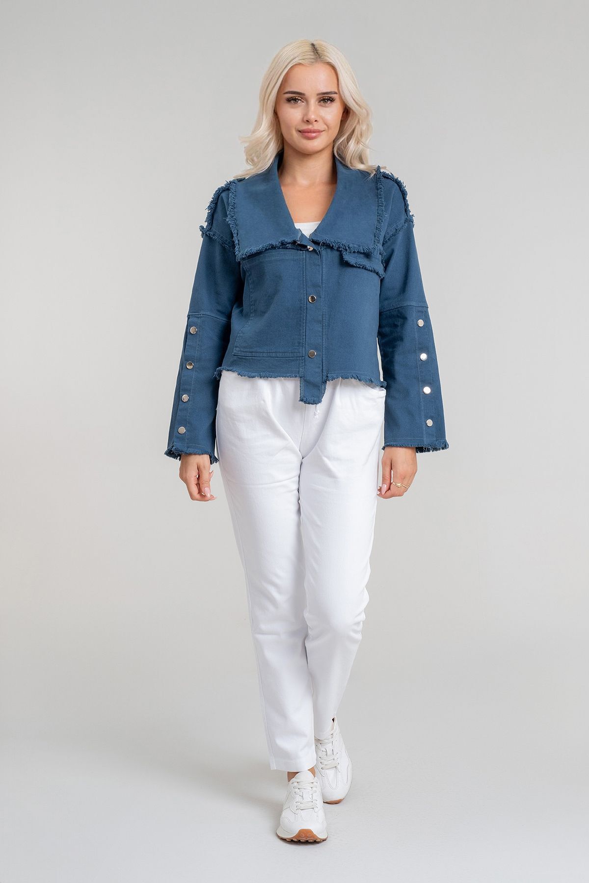 Kadın Power Likralı Pamuklu Kumaş Kol ve Önü Çıt Çıtlı Pis Dikişli Mont PETROL - M