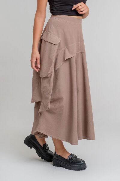 Kadın  Kargo Cepli Fermuarlı İnce Etek bej pamuklu - XL