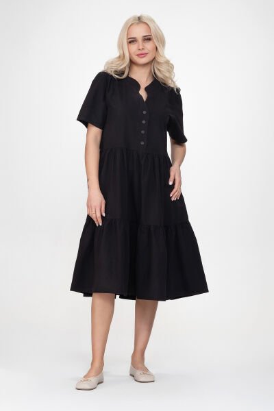 Bold & Young Kadın Cepli Kısa Kollu Yarım Pat Düğmeli Büzgülü Pamuklu Elbise XXL - Siyah