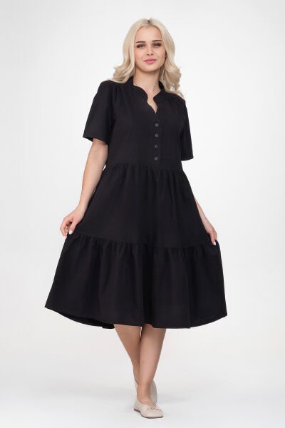 Bold & Young Kadın Cepli Kısa Kollu Yarım Pat Düğmeli Büzgülü Pamuklu Elbise XXL - Siyah