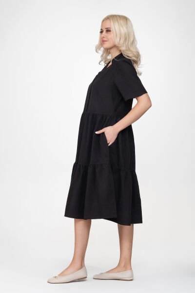 Bold & Young Kadın Cepli Kısa Kollu Yarım Pat Düğmeli Büzgülü Pamuklu Elbise XXL - Siyah