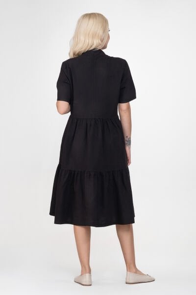 Bold & Young Kadın Cepli Kısa Kollu Yarım Pat Düğmeli Büzgülü Pamuklu Elbise XXL - Siyah