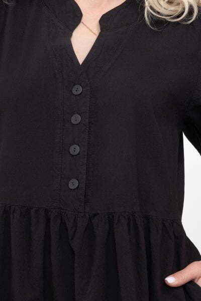 Bold & Young Kadın Cepli Kısa Kollu Yarım Pat Düğmeli Büzgülü Pamuklu Elbise XXL - Siyah