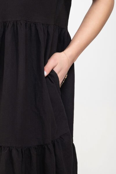 Bold & Young Kadın Cepli Kısa Kollu Yarım Pat Düğmeli Büzgülü Pamuklu Elbise XXL - Siyah