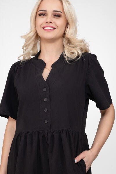 Bold & Young Kadın Cepli Kısa Kollu Yarım Pat Düğmeli Büzgülü Pamuklu Elbise 3XL - Siyah