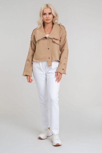 Kadın Power Likralı Pamuklu Kumaş Kol ve Önü Çıt Çıtlı Pis Dikişli Mont CAMEL - S