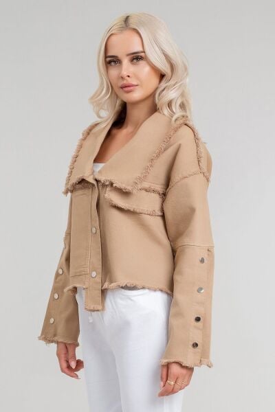 Kadın Power Likralı Pamuklu Kumaş Kol ve Önü Çıt Çıtlı Pis Dikişli Mont CAMEL - S