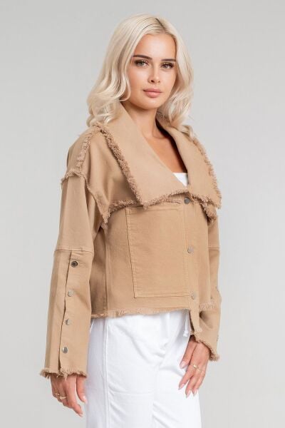 Kadın Power Likralı Pamuklu Kumaş Kol ve Önü Çıt Çıtlı Pis Dikişli Mont CAMEL - S