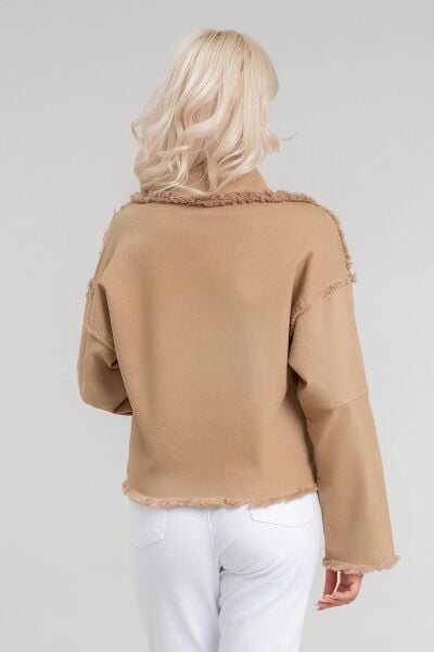 Kadın Power Likralı Pamuklu Kumaş Kol ve Önü Çıt Çıtlı Pis Dikişli Mont CAMEL - S