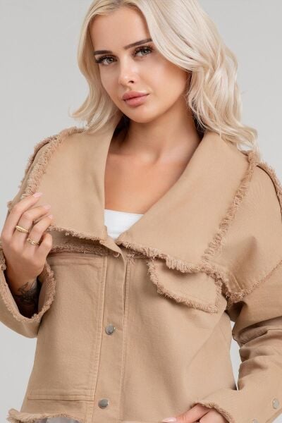 Kadın Power Likralı Pamuklu Kumaş Kol ve Önü Çıt Çıtlı Pis Dikişli Mont CAMEL - S