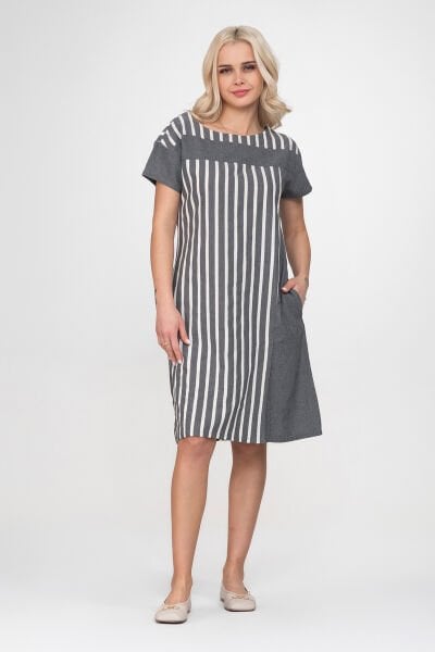 Bold & Young Kadın Cepli Çizgili Düz Kumaş Kombinli  Pamuklu Kumaş Yırtmaçlı Elbise 3XL - Gri Ekru1