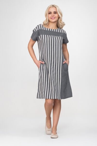 Bold & Young Kadın Cepli Çizgili Düz Kumaş Kombinli  Pamuklu Kumaş Yırtmaçlı Elbise 3XL - Gri Ekru1