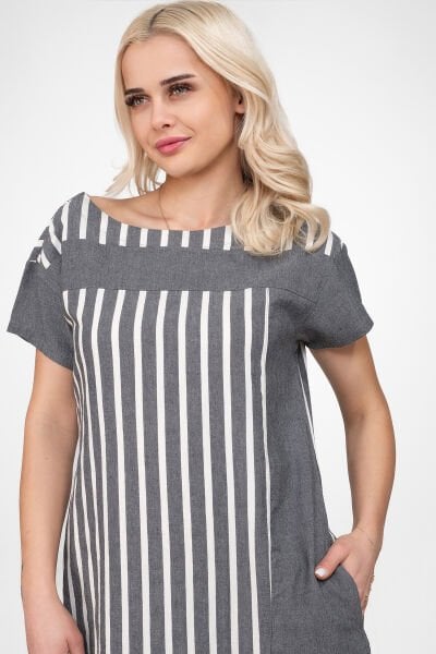 Bold & Young Kadın Cepli Çizgili Düz Kumaş Kombinli  Pamuklu Kumaş Yırtmaçlı Elbise 3XL - Gri Ekru1